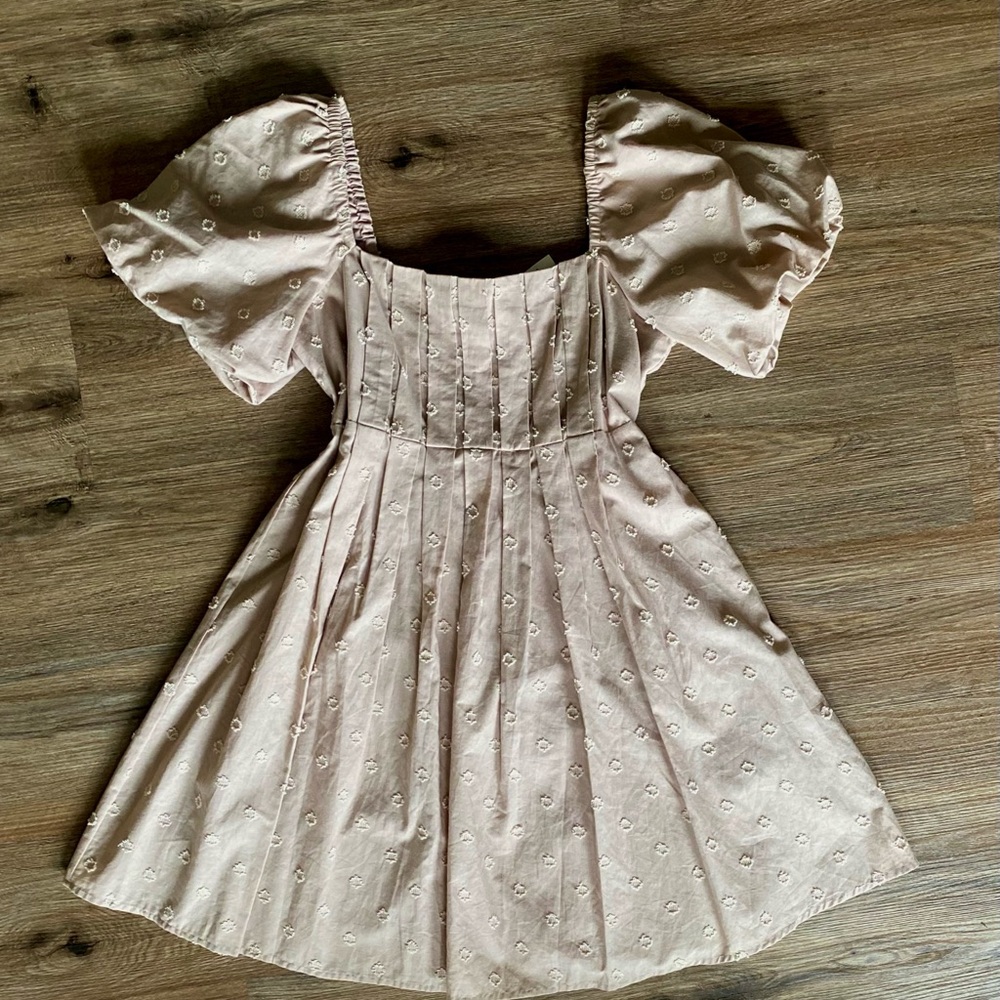 AND NOW THIS Pleated Puffed Sleeve Embroidered Squared Neck Knee Length Dress